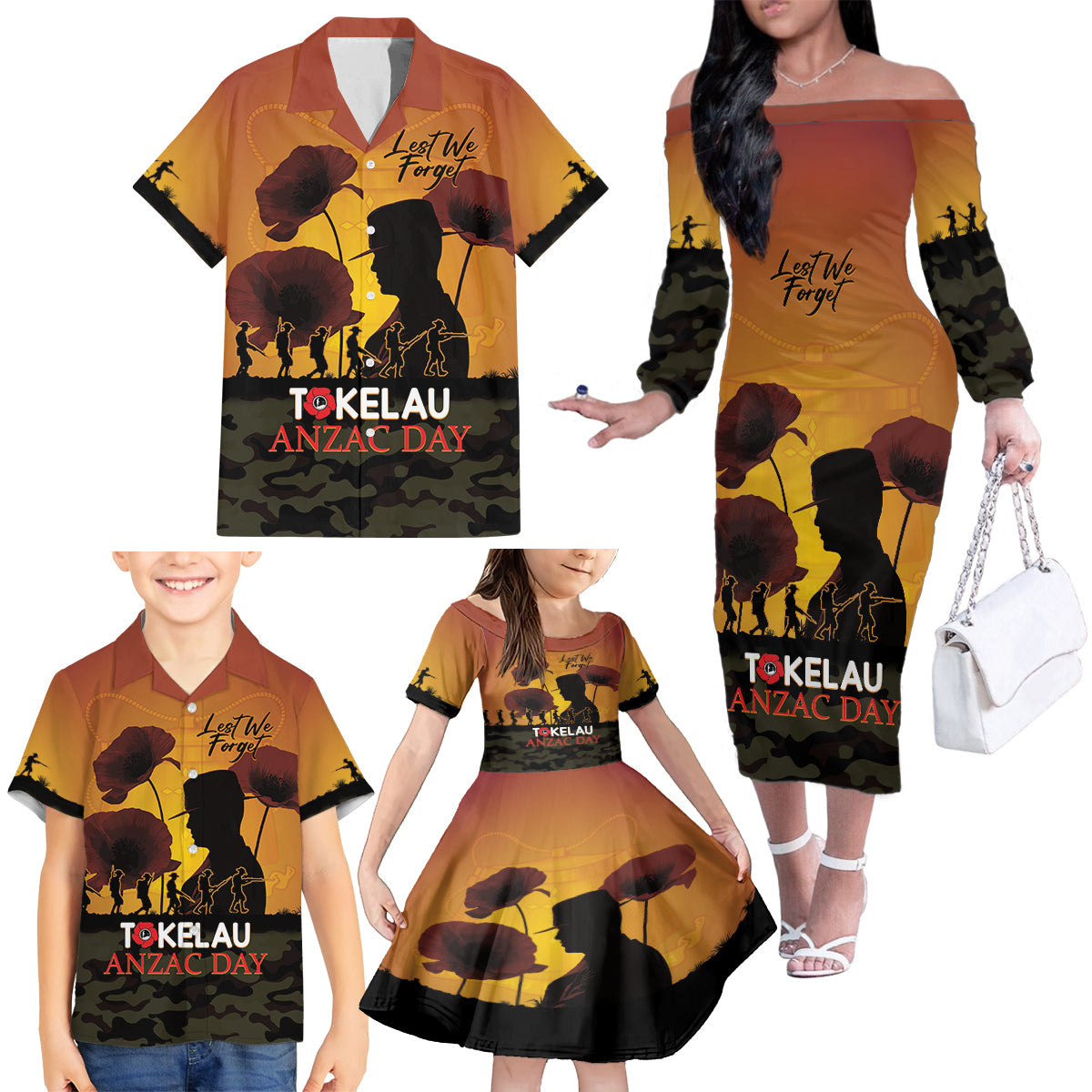 Tokelau ANZAC Day Family Matching Off Shoulder Long Sleeve Dress and Hawaiian Shirt Camouflage With Poppies Lest We Forget LT14 - Polynesian Pride
