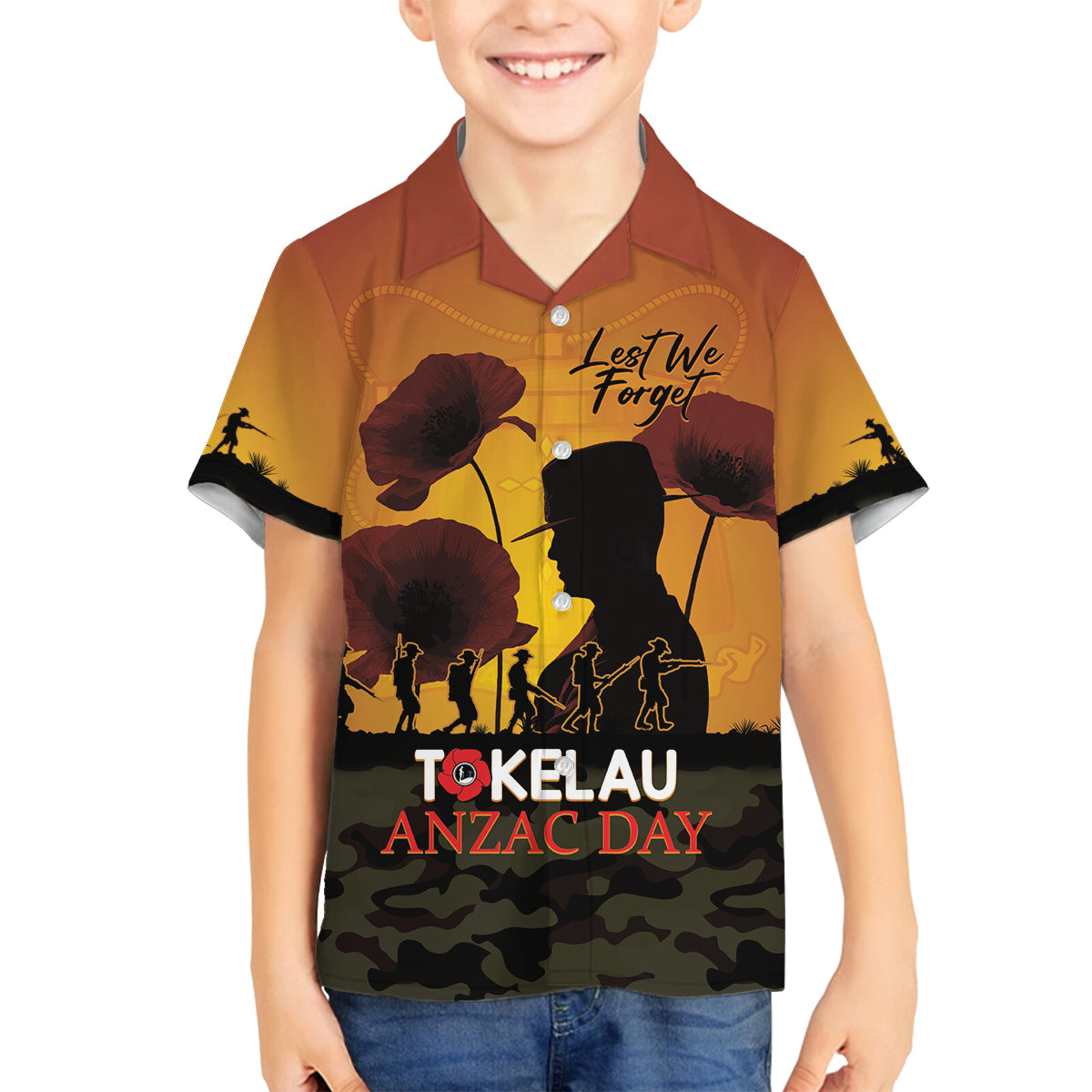 Tokelau ANZAC Day Family Matching Puletasi and Hawaiian Shirt Camouflage With Poppies Lest We Forget LT14 Son's Shirt Yellow - Polynesian Pride