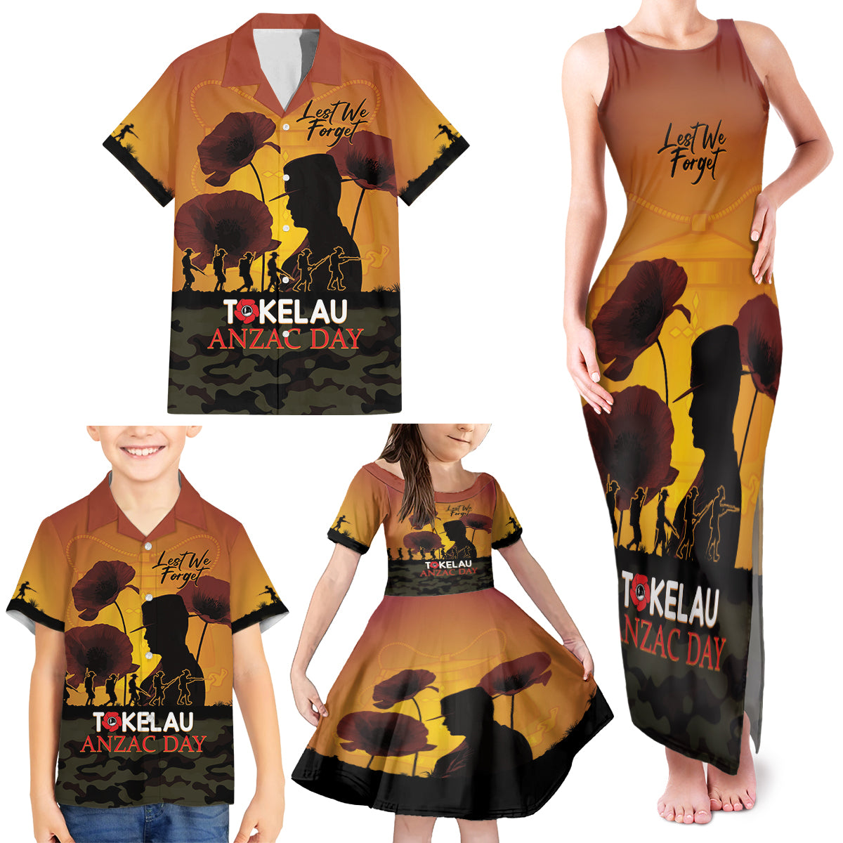 Tokelau ANZAC Day Family Matching Tank Maxi Dress and Hawaiian Shirt Camouflage With Poppies Lest We Forget LT14 - Polynesian Pride