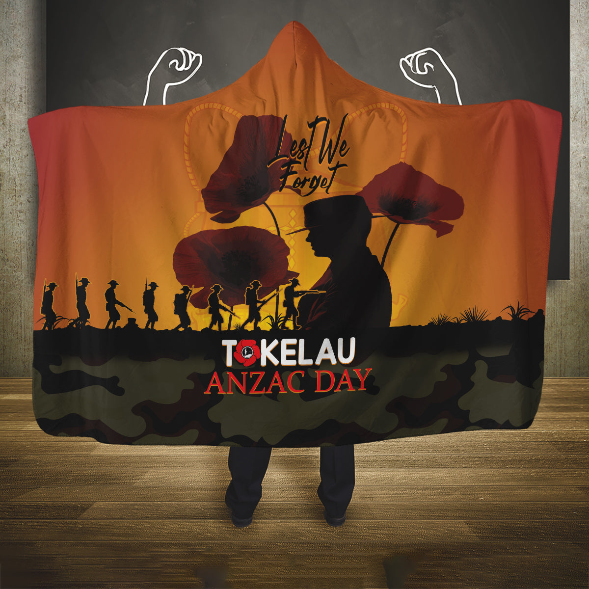 Tokelau ANZAC Day Hooded Blanket Camouflage With Poppies Lest We Forget LT14 One Size Yellow - Polynesian Pride
