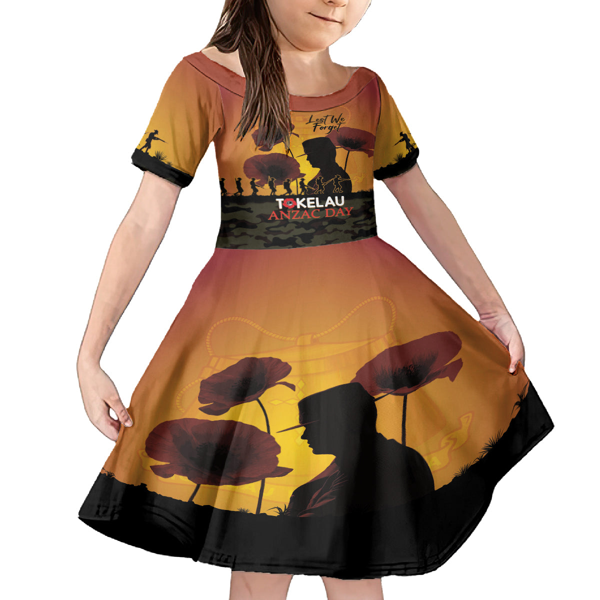 Tokelau ANZAC Day Kid Short Sleeve Dress Camouflage With Poppies Lest We Forget LT14 KID Yellow - Polynesian Pride