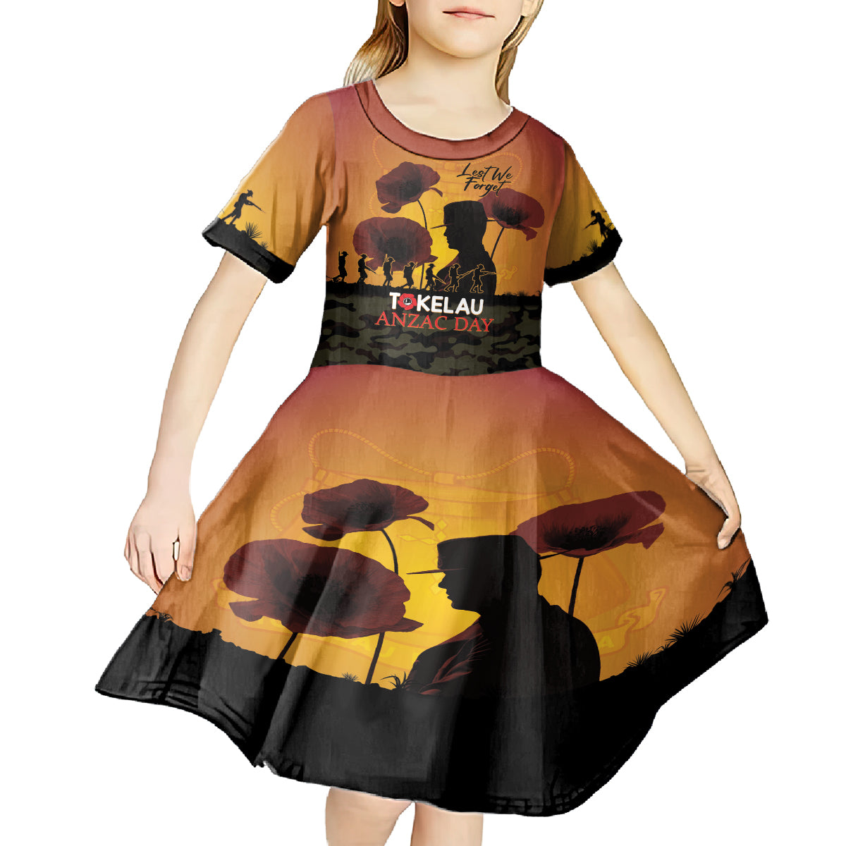 Tokelau ANZAC Day Kid Short Sleeve Dress Camouflage With Poppies Lest We Forget LT14 - Polynesian Pride