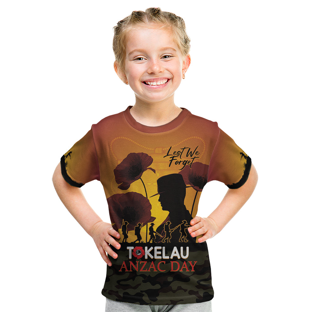 Tokelau ANZAC Day Kid T Shirt Camouflage With Poppies Lest We Forget LT14 Yellow - Polynesian Pride