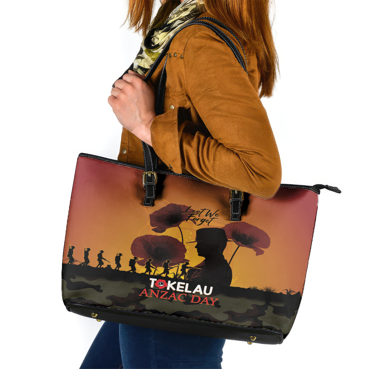 Tokelau ANZAC Day Leather Tote Bag Camouflage With Poppies Lest We Forget LT14 Yellow - Polynesian Pride