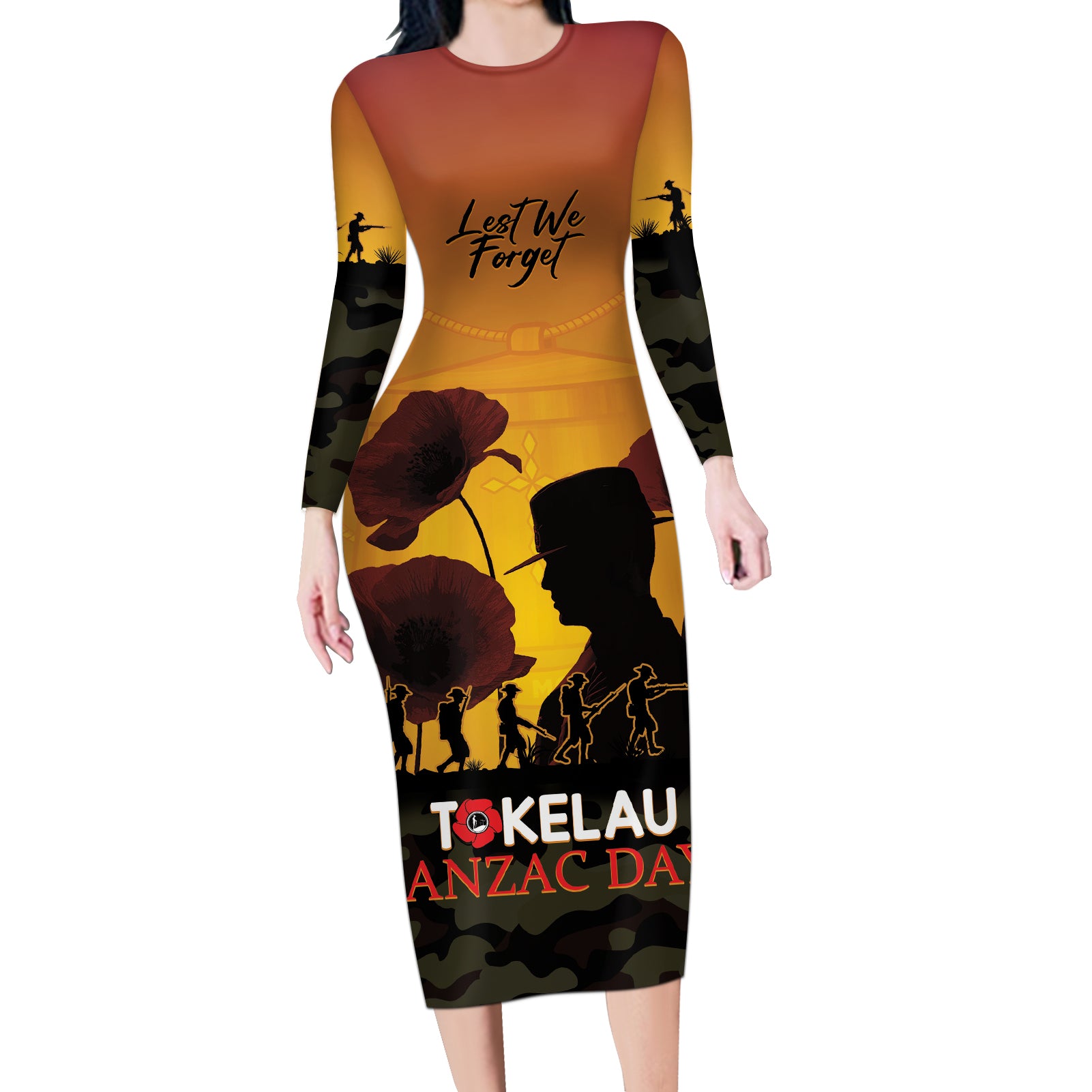 Tokelau ANZAC Day Long Sleeve Bodycon Dress Camouflage With Poppies Lest We Forget LT14 Long Dress Yellow - Polynesian Pride