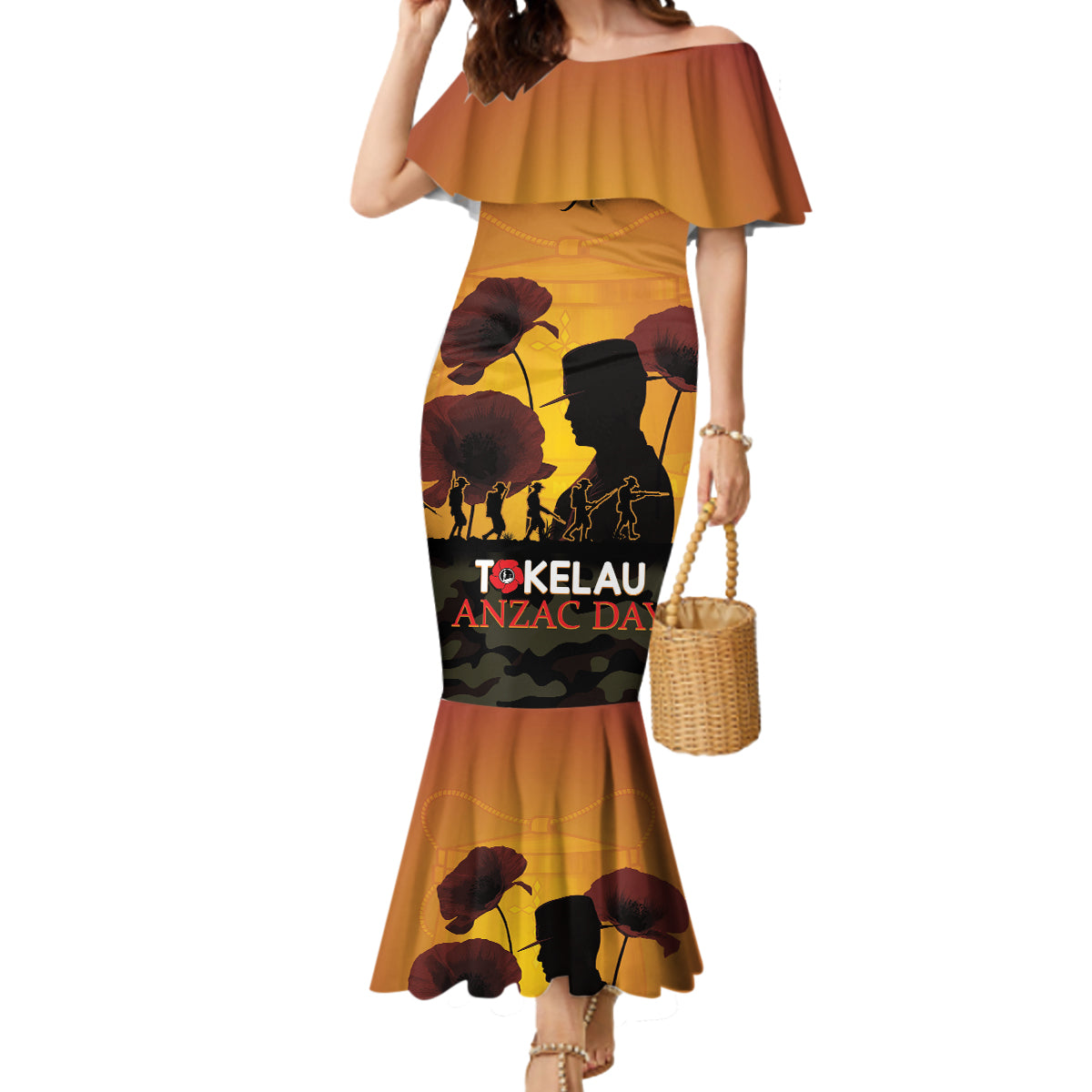 Tokelau ANZAC Day Mermaid Dress Camouflage With Poppies Lest We Forget LT14 Women Yellow - Polynesian Pride