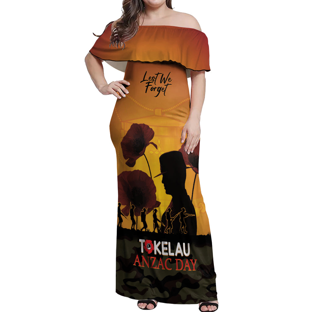 Tokelau ANZAC Day Off Shoulder Maxi Dress Camouflage With Poppies Lest We Forget LT14 Women Yellow - Polynesian Pride