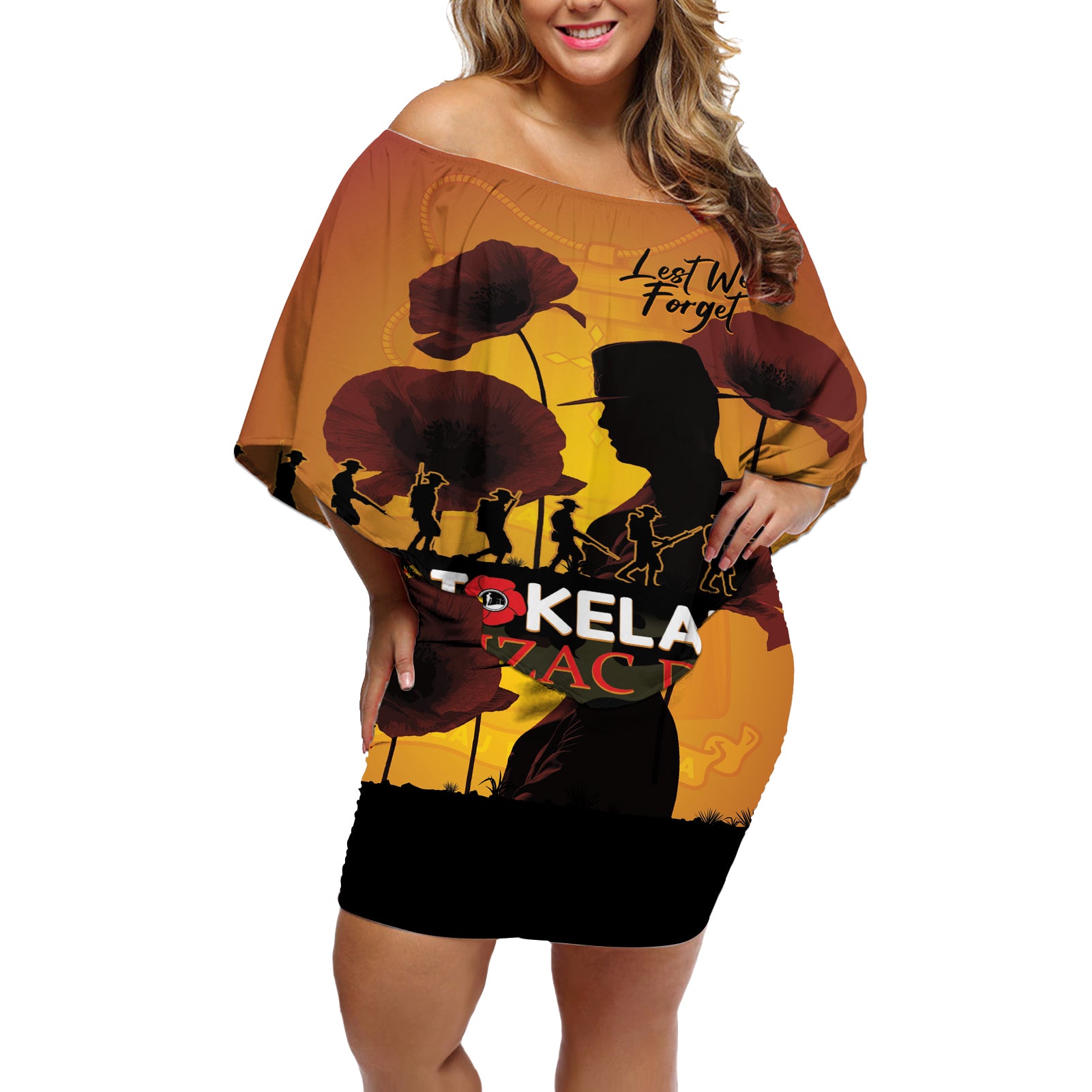 Tokelau ANZAC Day Off Shoulder Short Dress Camouflage With Poppies Lest We Forget LT14 Women Yellow - Polynesian Pride