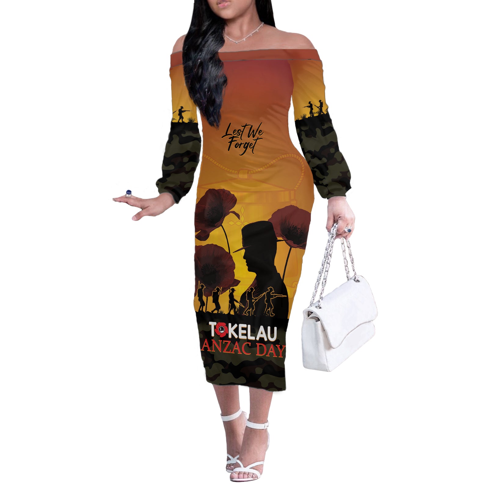 Tokelau ANZAC Day Off The Shoulder Long Sleeve Dress Camouflage With Poppies Lest We Forget LT14 Women Yellow - Polynesian Pride