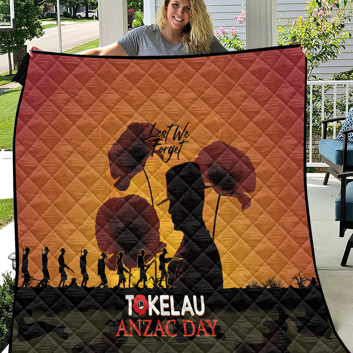 Tokelau ANZAC Day Quilt Camouflage With Poppies Lest We Forget LT14 Yellow - Polynesian Pride
