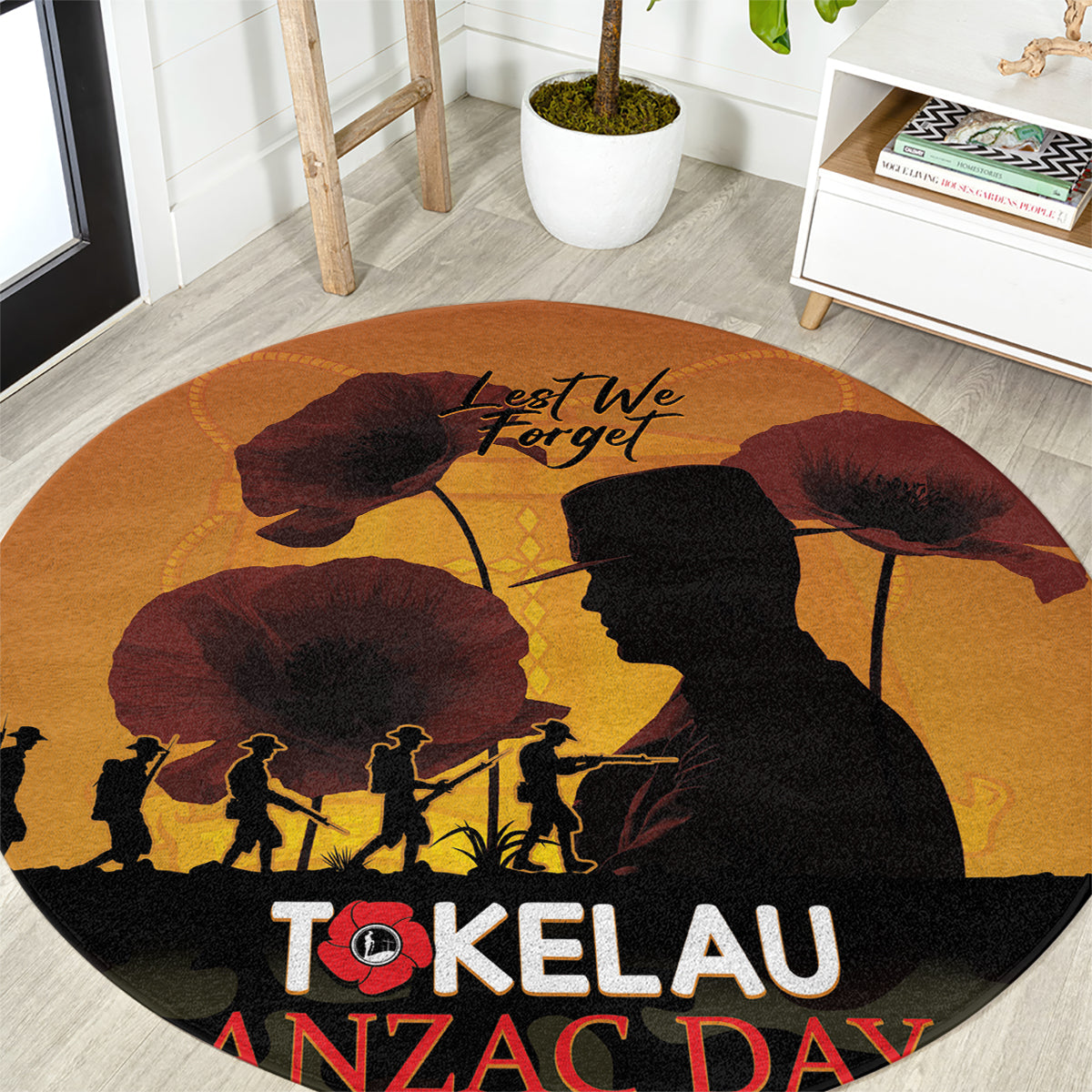 Tokelau ANZAC Day Round Carpet Camouflage With Poppies Lest We Forget LT14 Yellow - Polynesian Pride