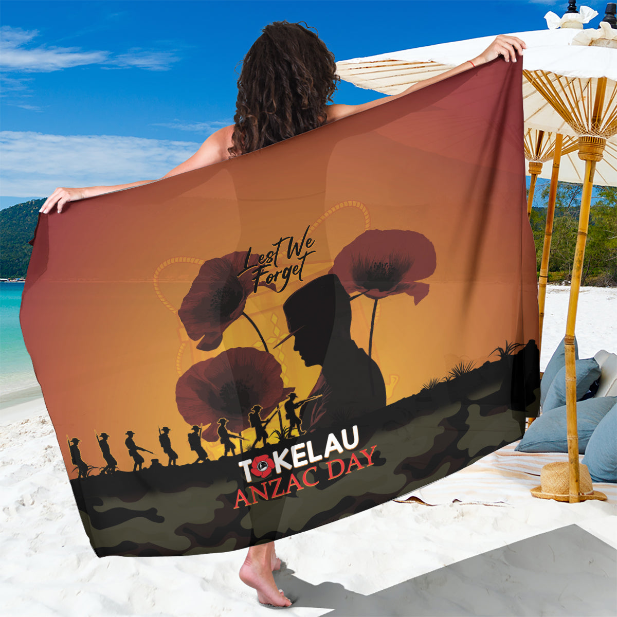 Tokelau ANZAC Day Sarong Camouflage With Poppies Lest We Forget LT14 One Size 44 x 66 inches Yellow - Polynesian Pride
