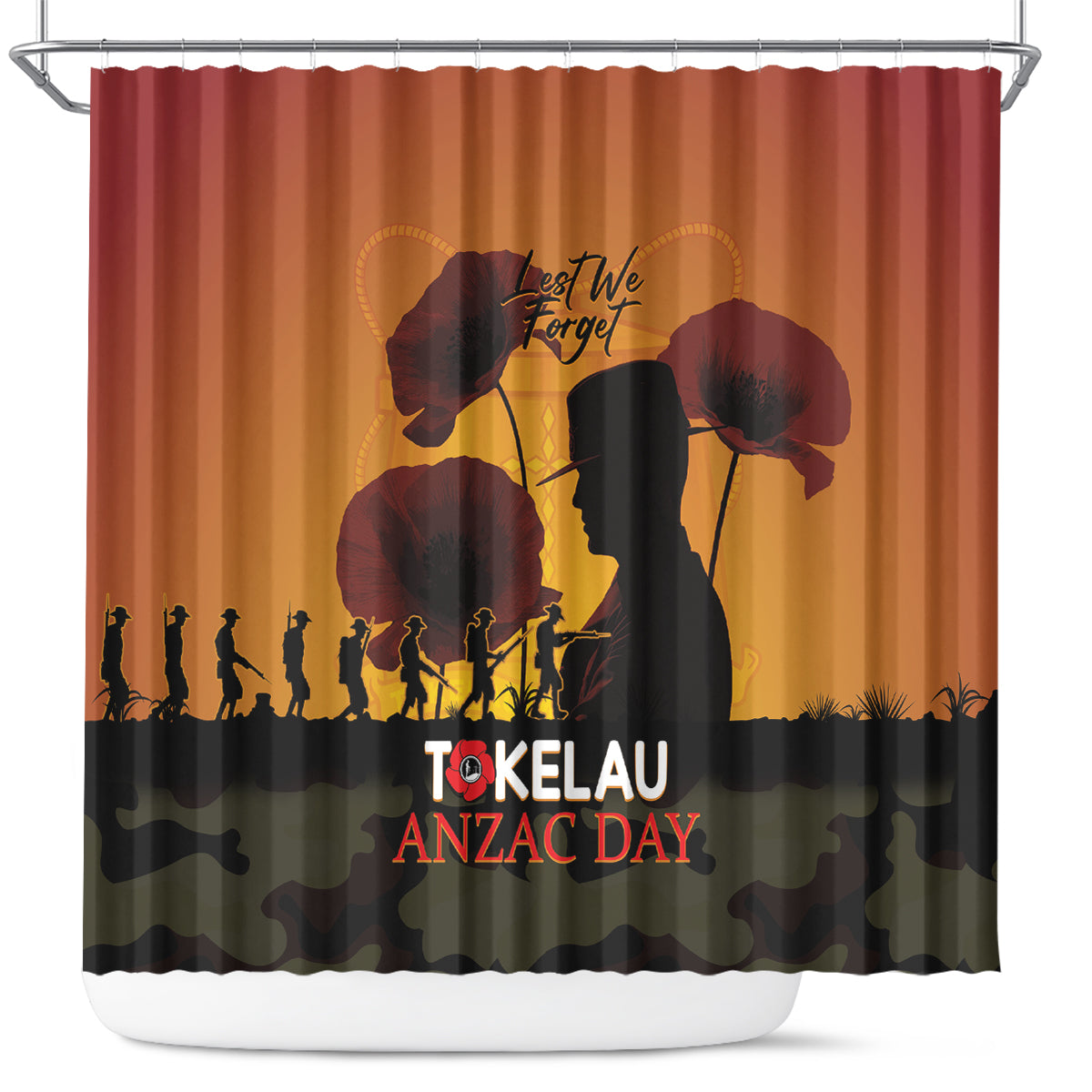 Tokelau ANZAC Day Shower Curtain Camouflage With Poppies Lest We Forget LT14 Yellow - Polynesian Pride