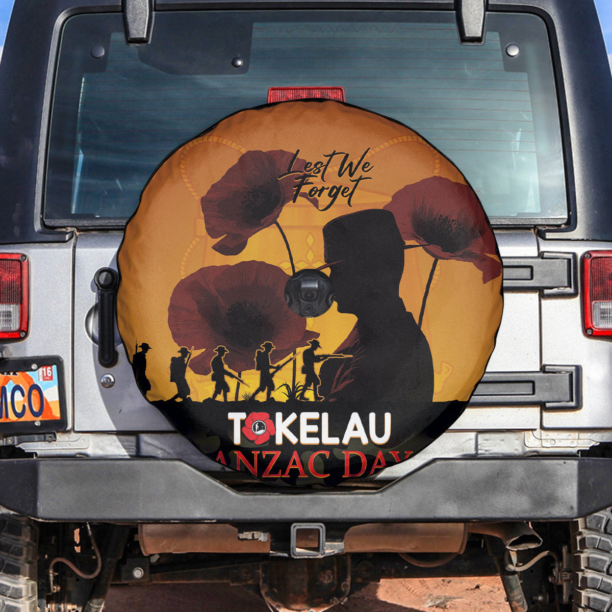 Tokelau ANZAC Day Spare Tire Cover Camouflage With Poppies Lest We Forget LT14 Yellow - Polynesian Pride