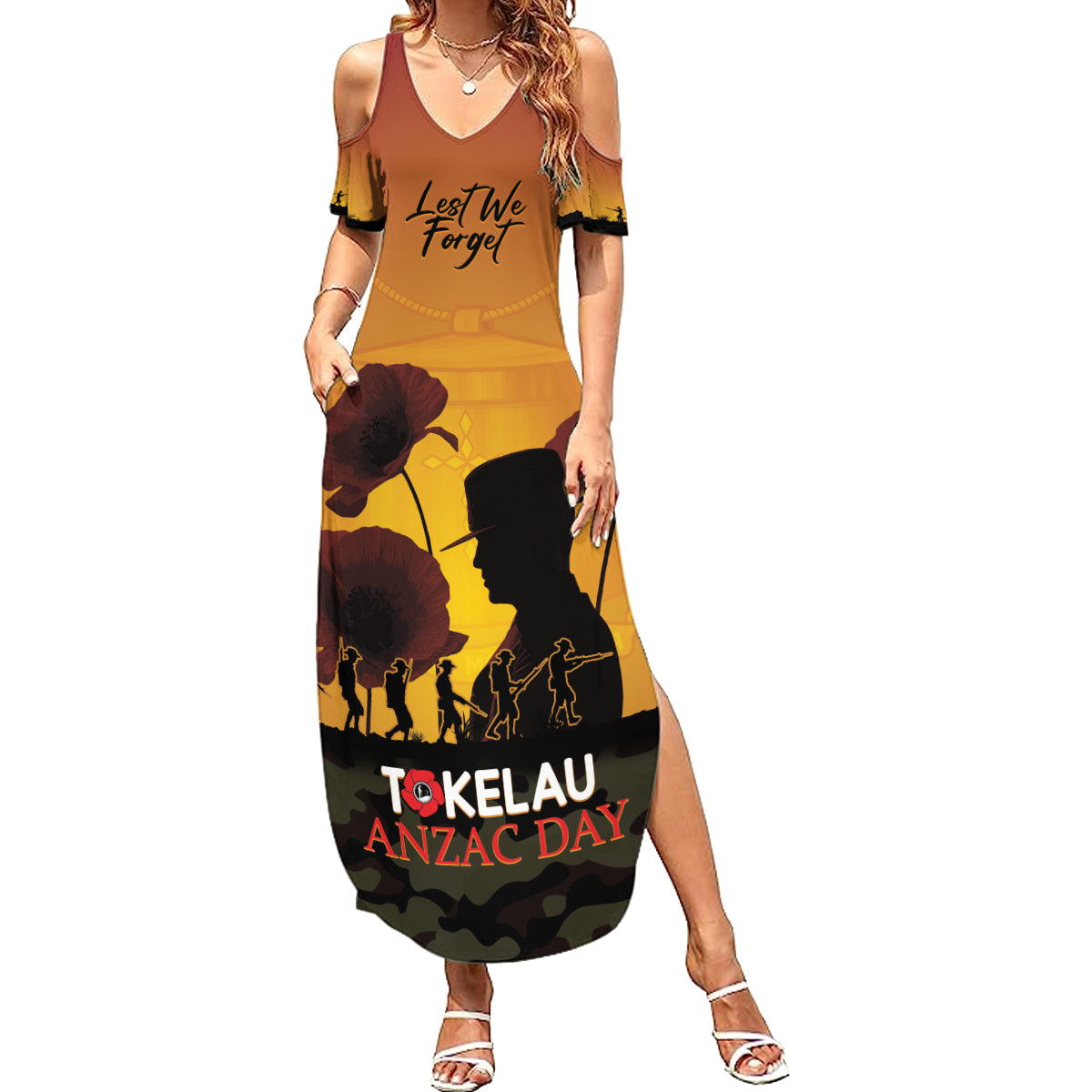 Tokelau ANZAC Day Summer Maxi Dress Camouflage With Poppies Lest We Forget LT14 Women Yellow - Polynesian Pride