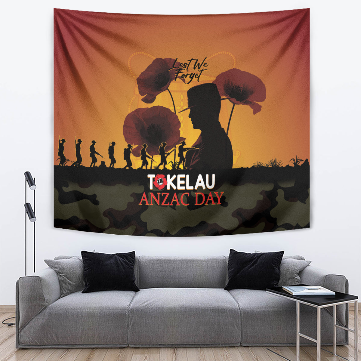 Tokelau ANZAC Day Tapestry Camouflage With Poppies Lest We Forget LT14 Yellow - Polynesian Pride