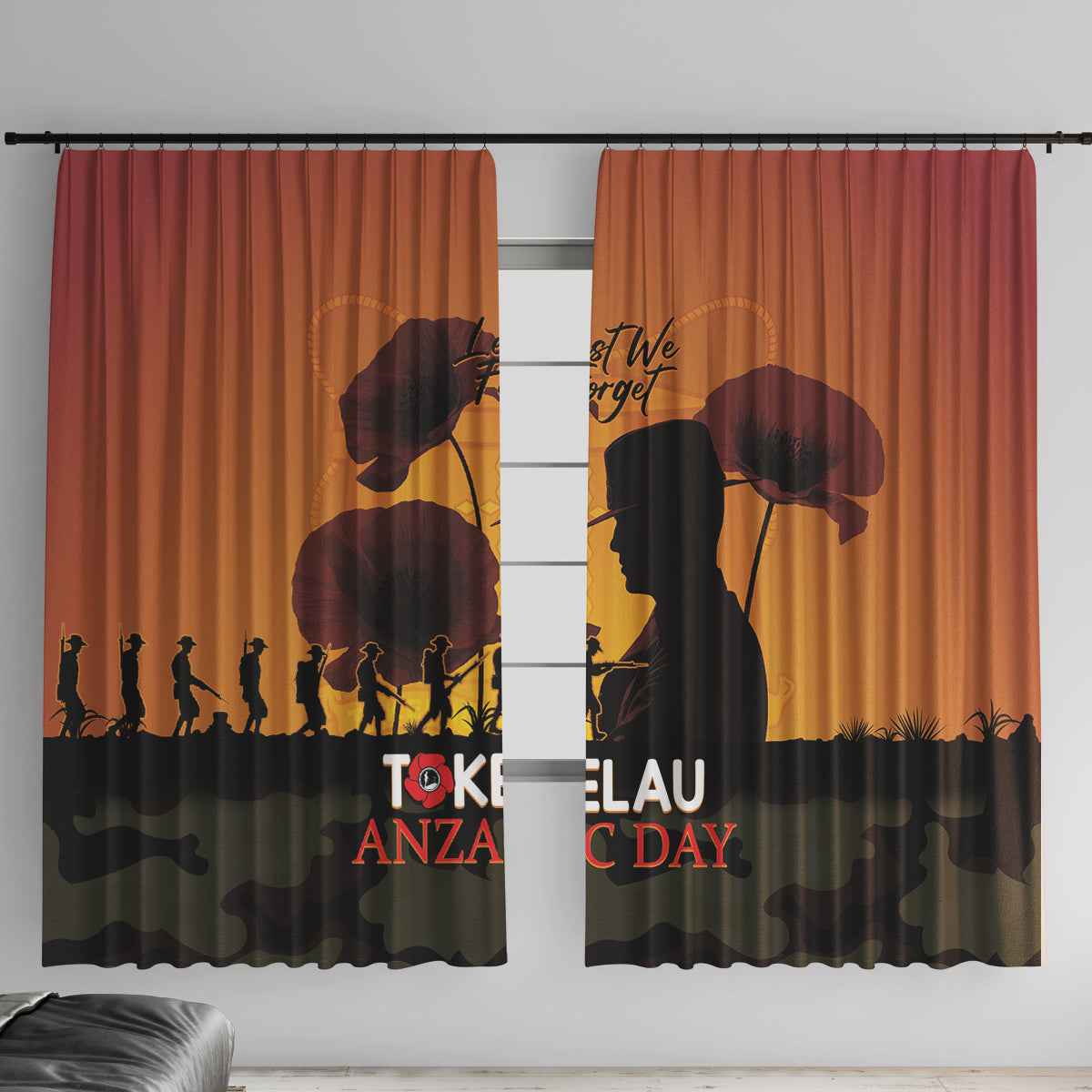Tokelau ANZAC Day Window Curtain Camouflage With Poppies Lest We Forget LT14 With Hooks Yellow - Polynesian Pride