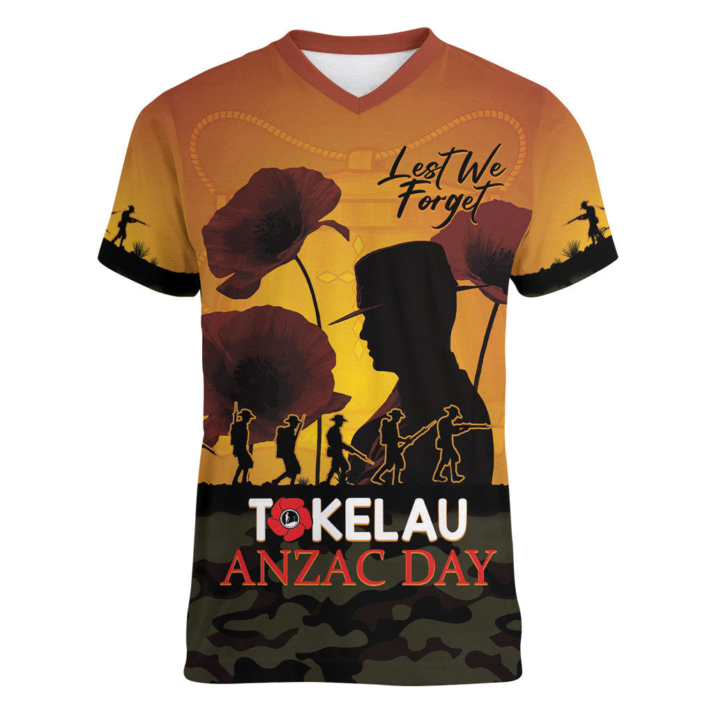 Tokelau ANZAC Day Women V Neck T Shirt Camouflage With Poppies Lest We Forget LT14 Female Yellow - Polynesian Pride