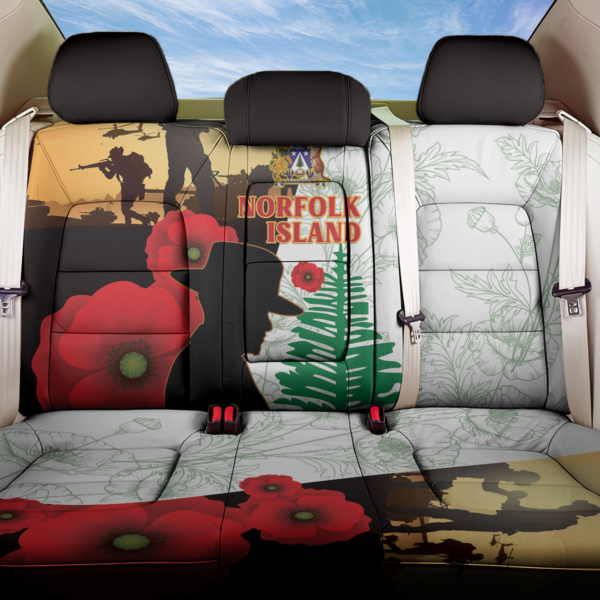 Norfolk Island ANZAC Day Back Car Seat Cover Pine Tree With Poppies Lest We Forget LT14 One Size White - Polynesian Pride