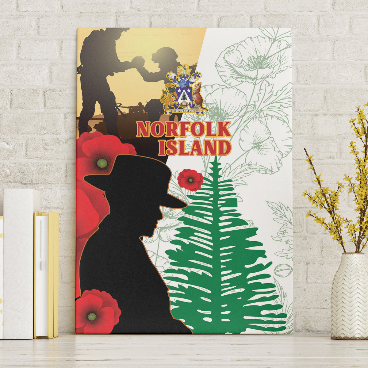Norfolk Island ANZAC Day Canvas Wall Art Pine Tree With Poppies Lest We Forget LT14 White - Polynesian Pride