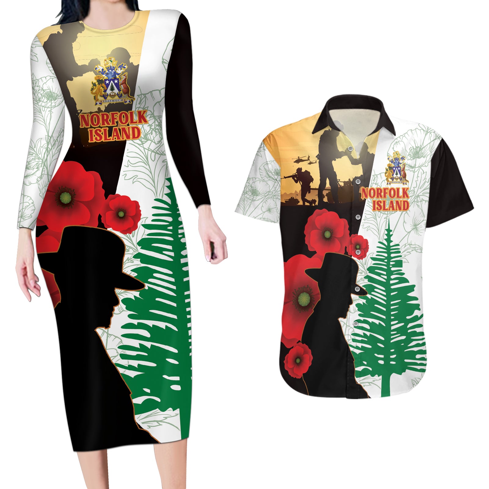 Norfolk Island ANZAC Day Couples Matching Long Sleeve Bodycon Dress and Hawaiian Shirt Pine Tree With Poppies Lest We Forget LT14 White - Polynesian Pride