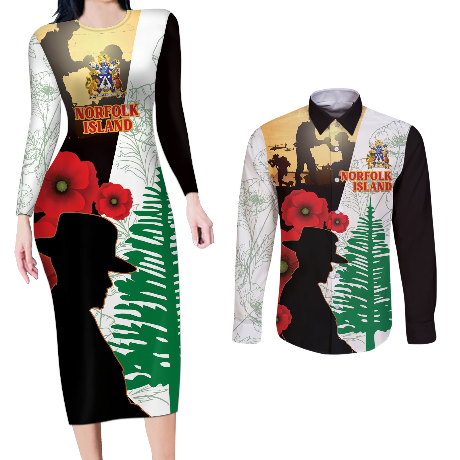 Norfolk Island ANZAC Day Couples Matching Long Sleeve Bodycon Dress and Long Sleeve Button Shirt Pine Tree With Poppies Lest We Forget LT14 White - Polynesian Pride