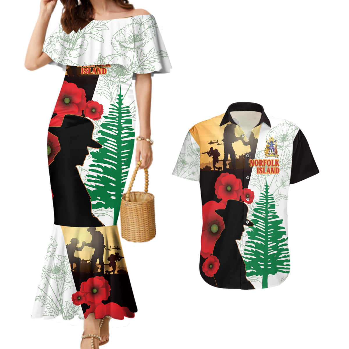 Norfolk Island ANZAC Day Couples Matching Mermaid Dress and Hawaiian Shirt Pine Tree With Poppies Lest We Forget LT14 White - Polynesian Pride