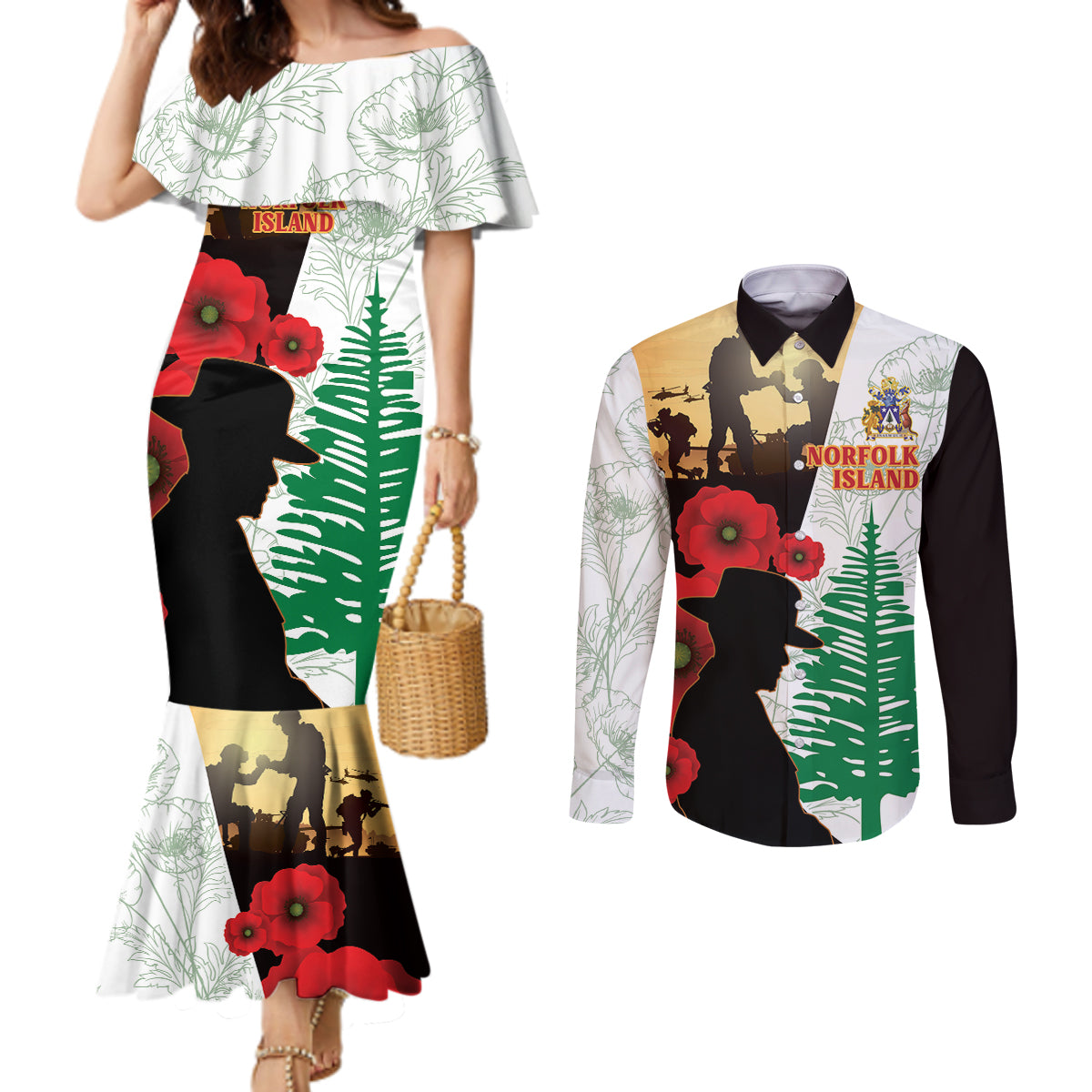 Norfolk Island ANZAC Day Couples Matching Mermaid Dress and Long Sleeve Button Shirt Pine Tree With Poppies Lest We Forget LT14 White - Polynesian Pride