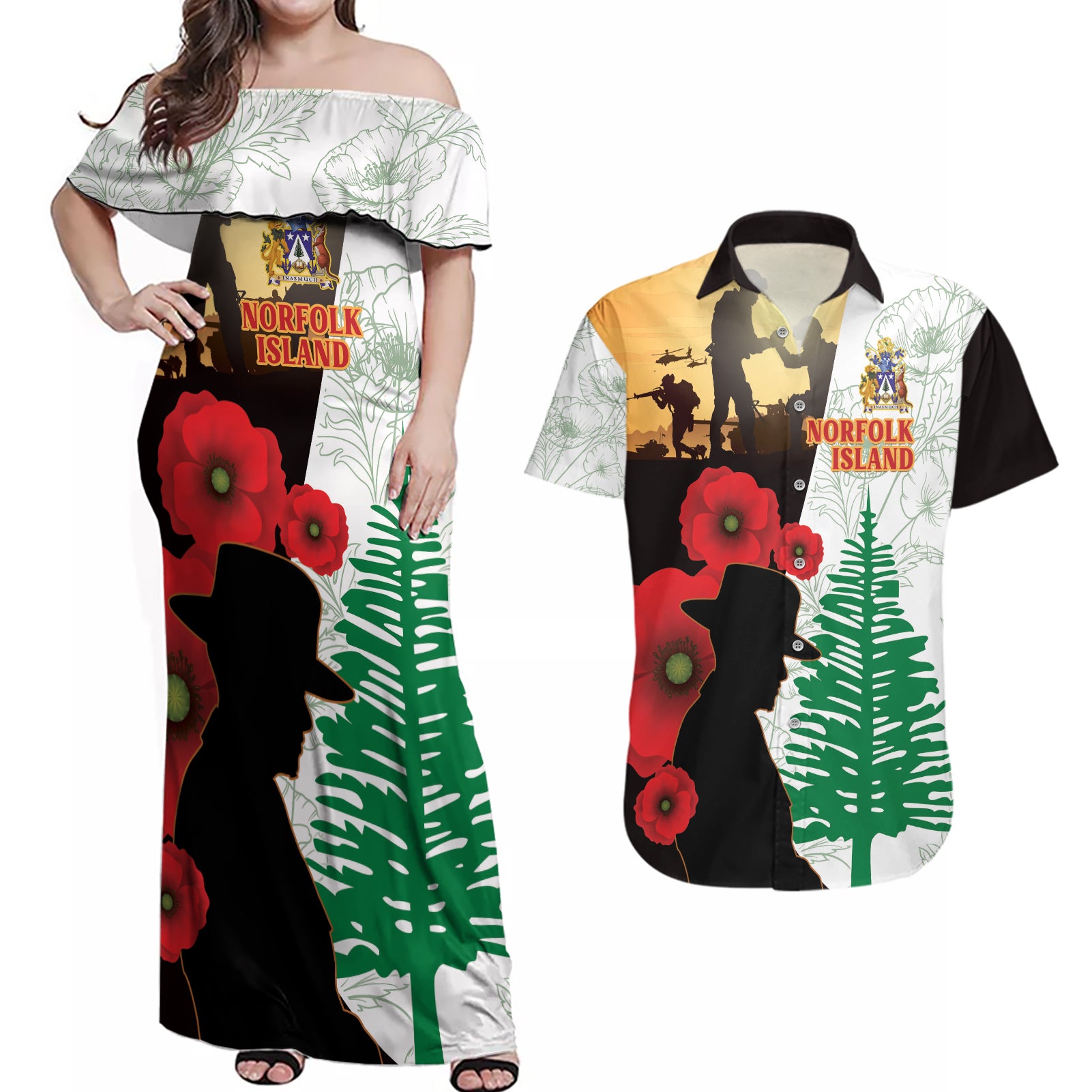 Norfolk Island ANZAC Day Couples Matching Off Shoulder Maxi Dress and Hawaiian Shirt Pine Tree With Poppies Lest We Forget LT14 White - Polynesian Pride