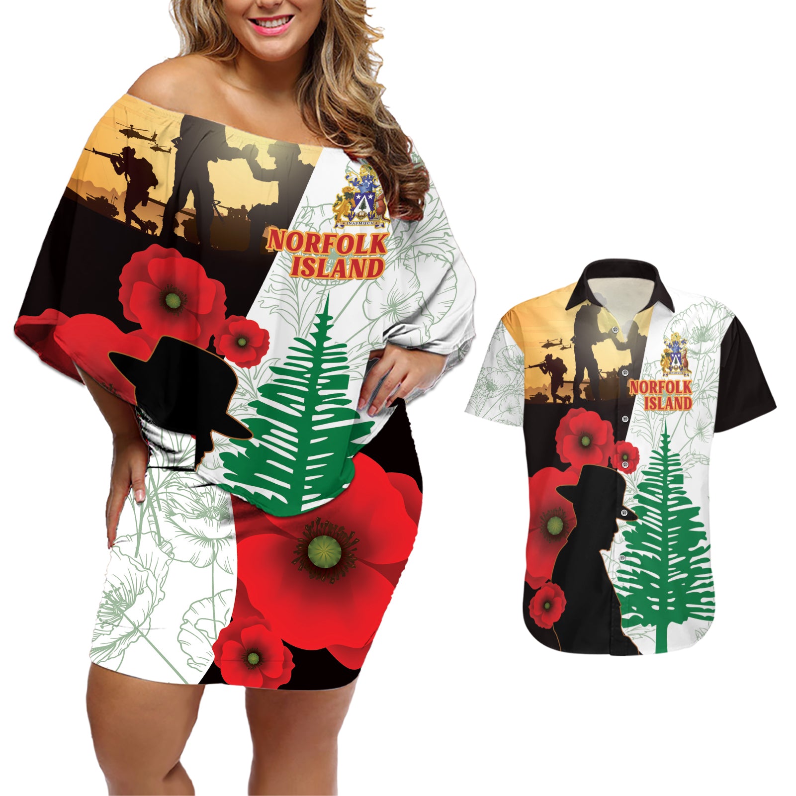 Norfolk Island ANZAC Day Couples Matching Off Shoulder Short Dress and Hawaiian Shirt Pine Tree With Poppies Lest We Forget LT14 White - Polynesian Pride