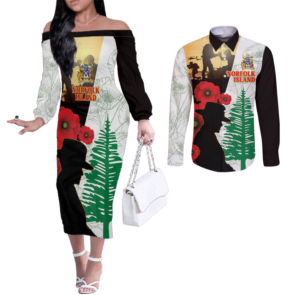 Norfolk Island ANZAC Day Couples Matching Off The Shoulder Long Sleeve Dress and Long Sleeve Button Shirt Pine Tree With Poppies Lest We Forget LT14 White - Polynesian Pride