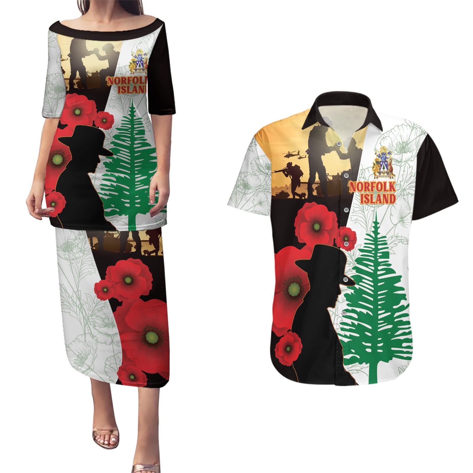 Norfolk Island ANZAC Day Couples Matching Puletasi and Hawaiian Shirt Pine Tree With Poppies Lest We Forget LT14 White - Polynesian Pride
