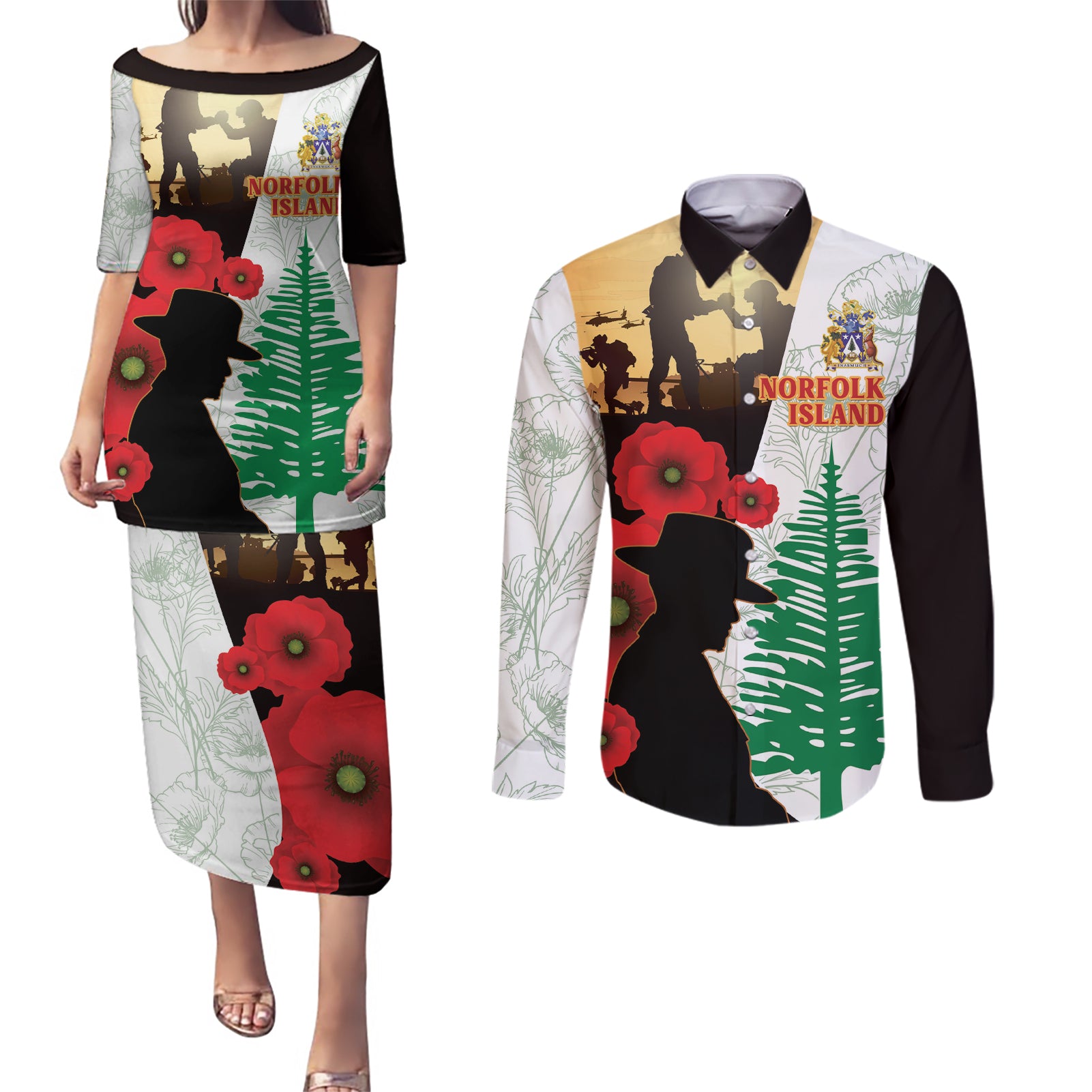 Norfolk Island ANZAC Day Couples Matching Puletasi and Long Sleeve Button Shirt Pine Tree With Poppies Lest We Forget LT14 White - Polynesian Pride