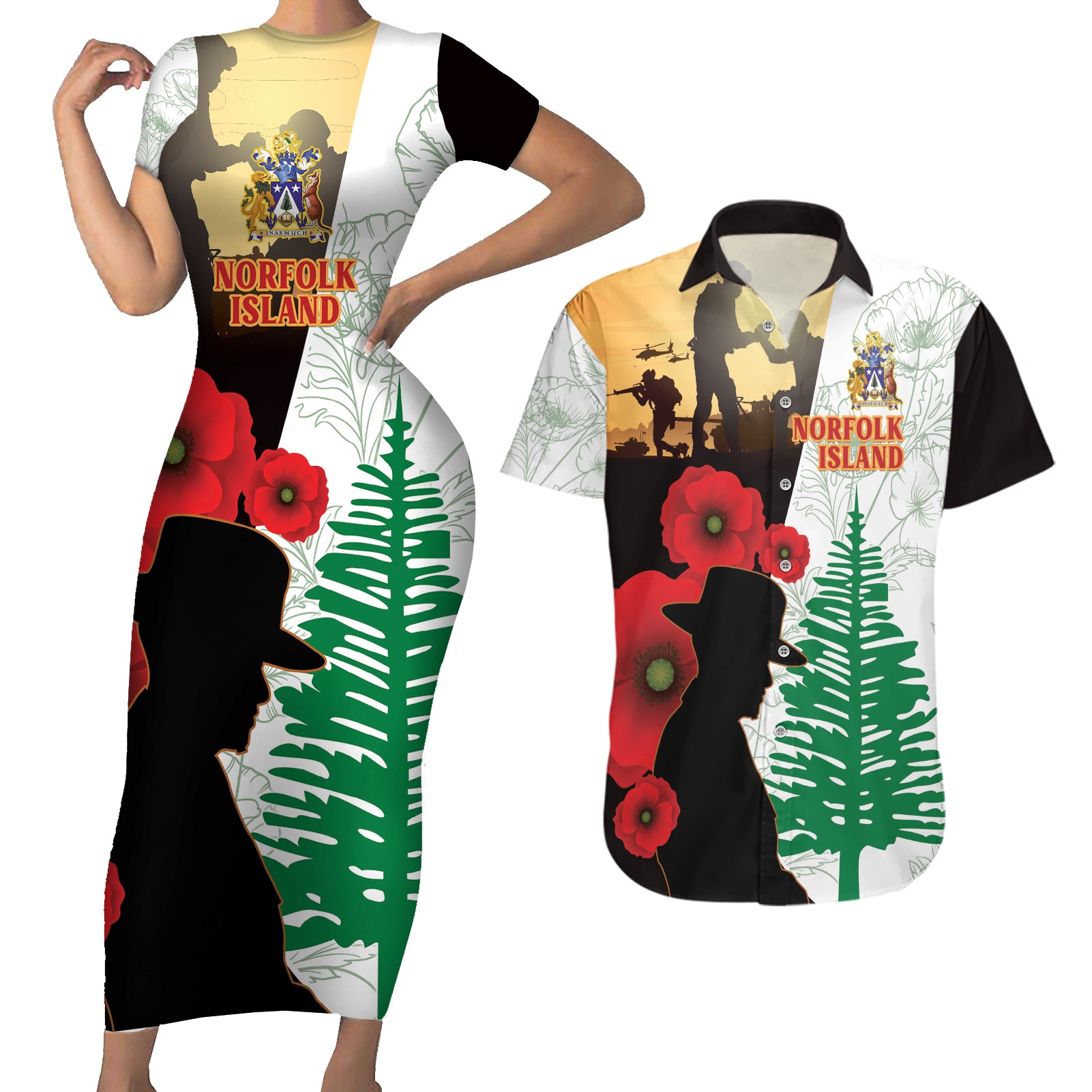 Norfolk Island ANZAC Day Couples Matching Short Sleeve Bodycon Dress and Hawaiian Shirt Pine Tree With Poppies Lest We Forget LT14 White - Polynesian Pride