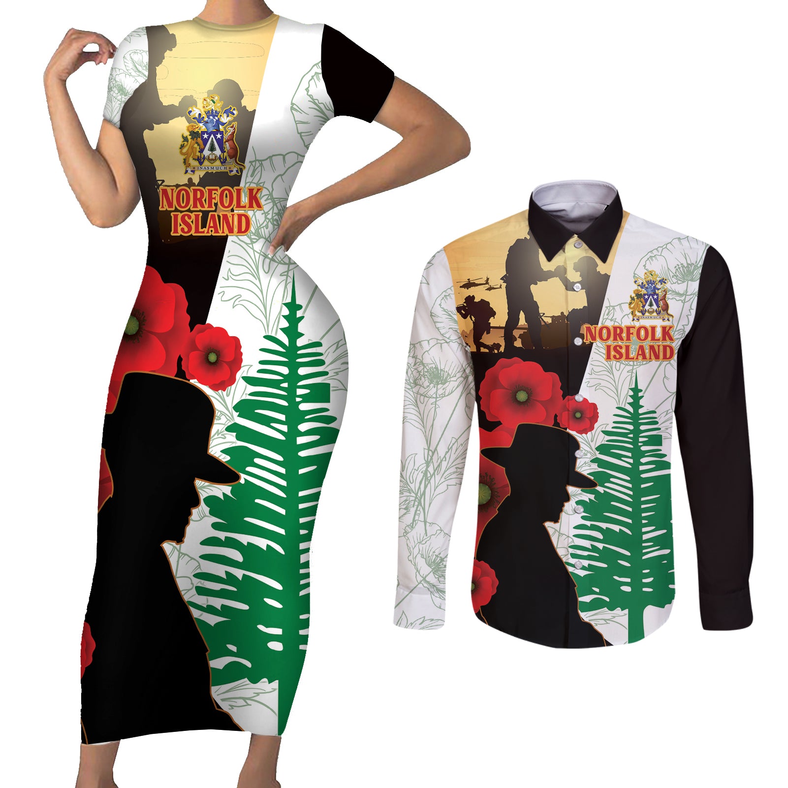 Norfolk Island ANZAC Day Couples Matching Short Sleeve Bodycon Dress and Long Sleeve Button Shirt Pine Tree With Poppies Lest We Forget LT14 White - Polynesian Pride