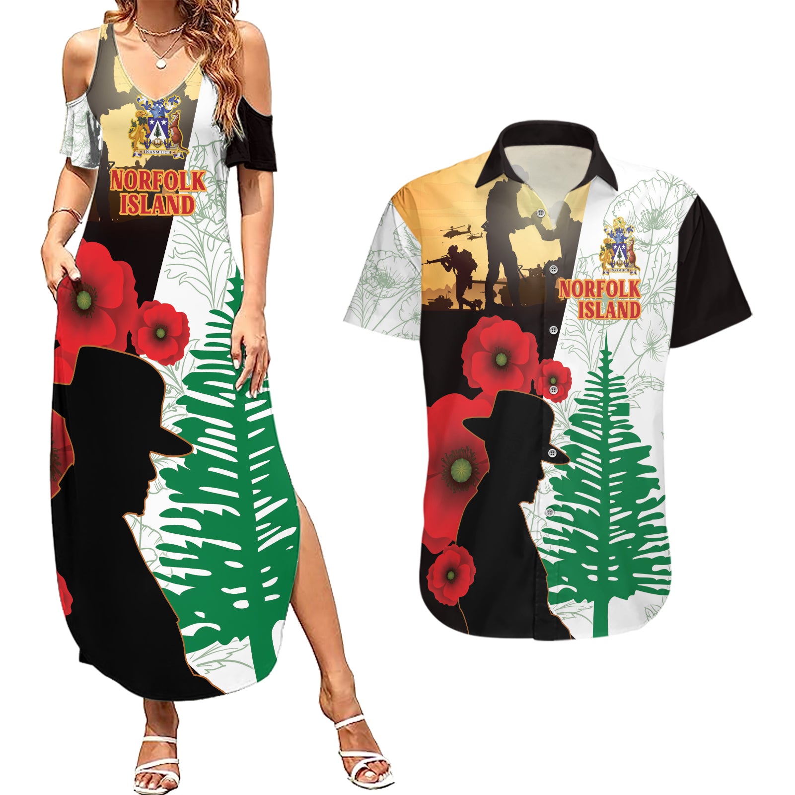Norfolk Island ANZAC Day Couples Matching Summer Maxi Dress and Hawaiian Shirt Pine Tree With Poppies Lest We Forget LT14 White - Polynesian Pride