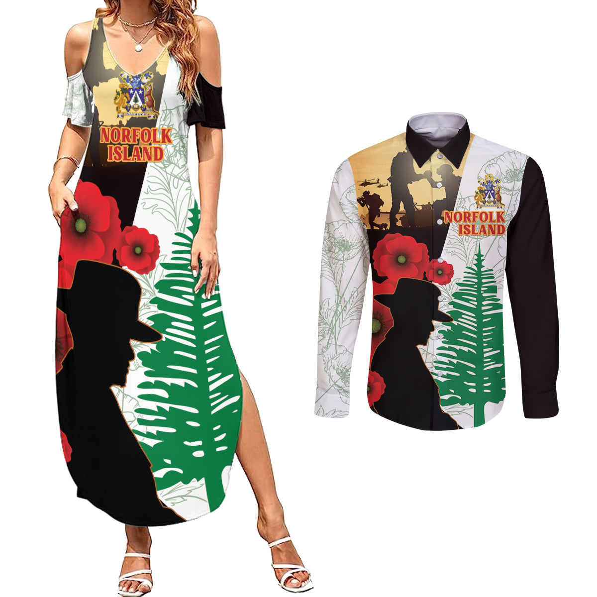 Norfolk Island ANZAC Day Couples Matching Summer Maxi Dress and Long Sleeve Button Shirt Pine Tree With Poppies Lest We Forget LT14 White - Polynesian Pride