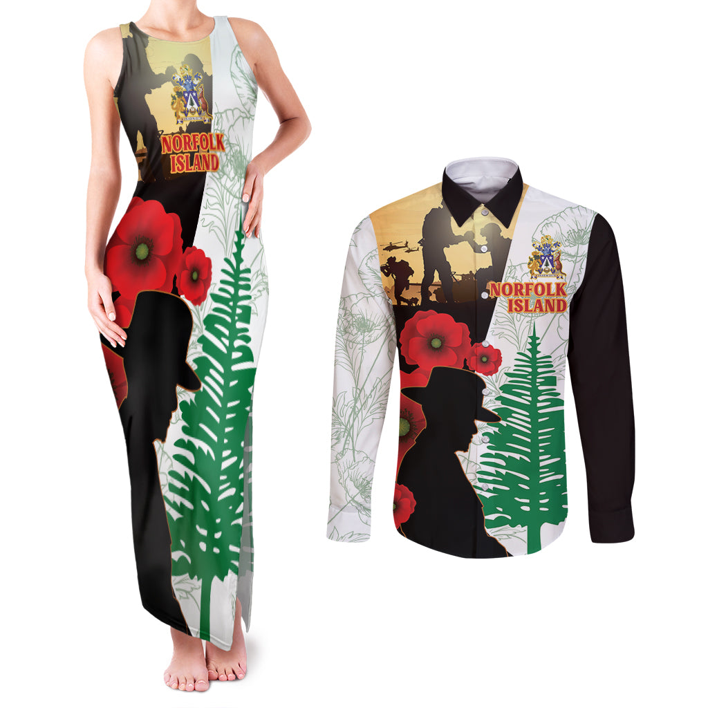 Norfolk Island ANZAC Day Couples Matching Tank Maxi Dress and Long Sleeve Button Shirt Pine Tree With Poppies Lest We Forget LT14 White - Polynesian Pride