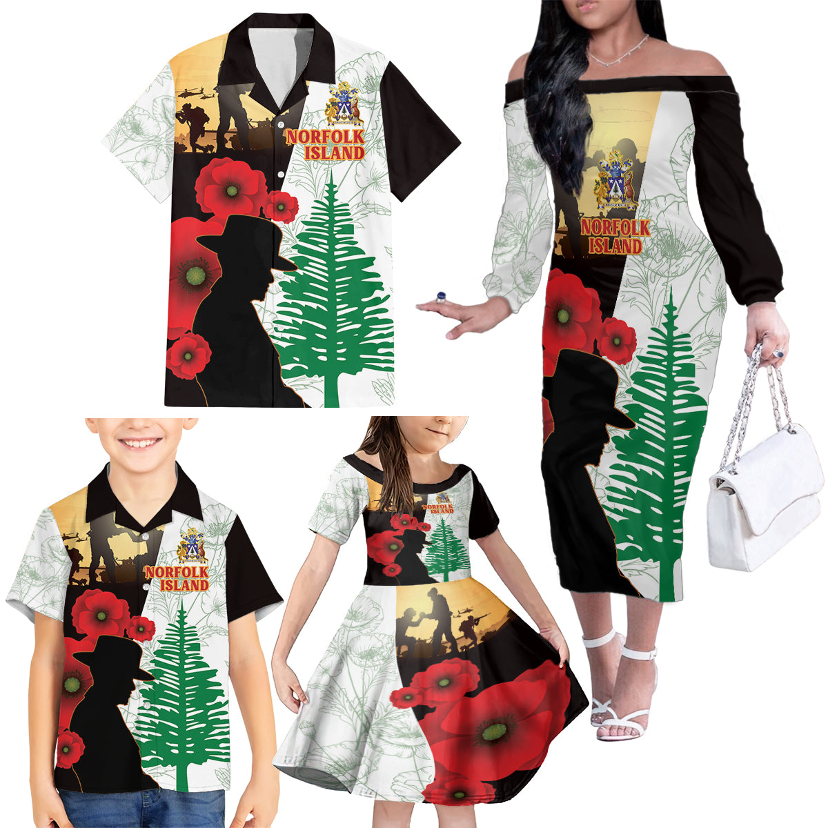 Norfolk Island ANZAC Day Family Matching Off Shoulder Long Sleeve Dress and Hawaiian Shirt Pine Tree With Poppies Lest We Forget LT14 - Polynesian Pride