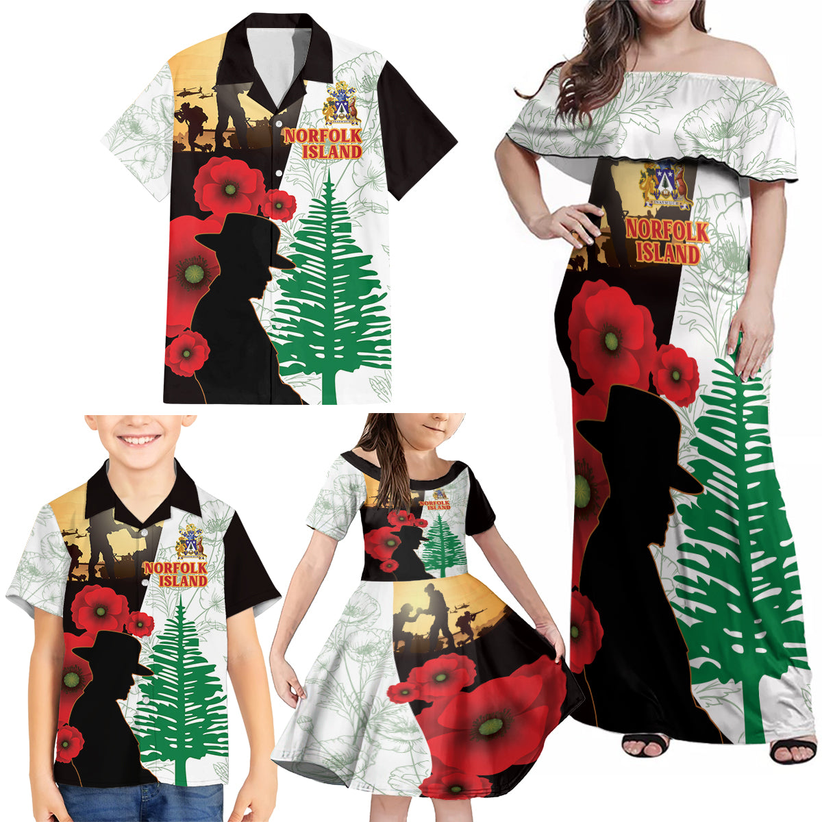 Norfolk Island ANZAC Day Family Matching Off Shoulder Maxi Dress and Hawaiian Shirt Pine Tree With Poppies Lest We Forget LT14 - Polynesian Pride