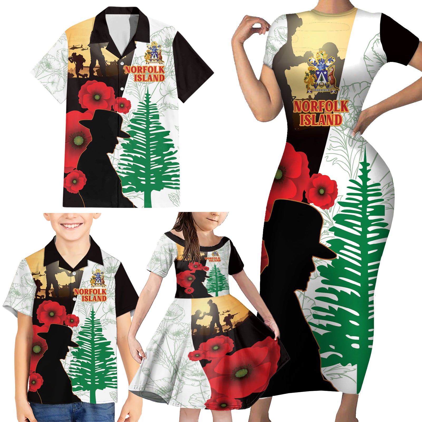 Norfolk Island ANZAC Day Family Matching Short Sleeve Bodycon Dress and Hawaiian Shirt Pine Tree With Poppies Lest We Forget LT14 - Polynesian Pride