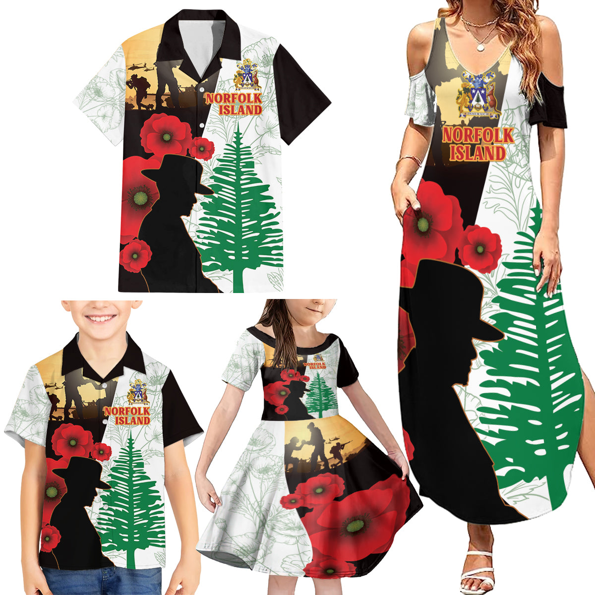 Norfolk Island ANZAC Day Family Matching Summer Maxi Dress and Hawaiian Shirt Pine Tree With Poppies Lest We Forget LT14 - Polynesian Pride