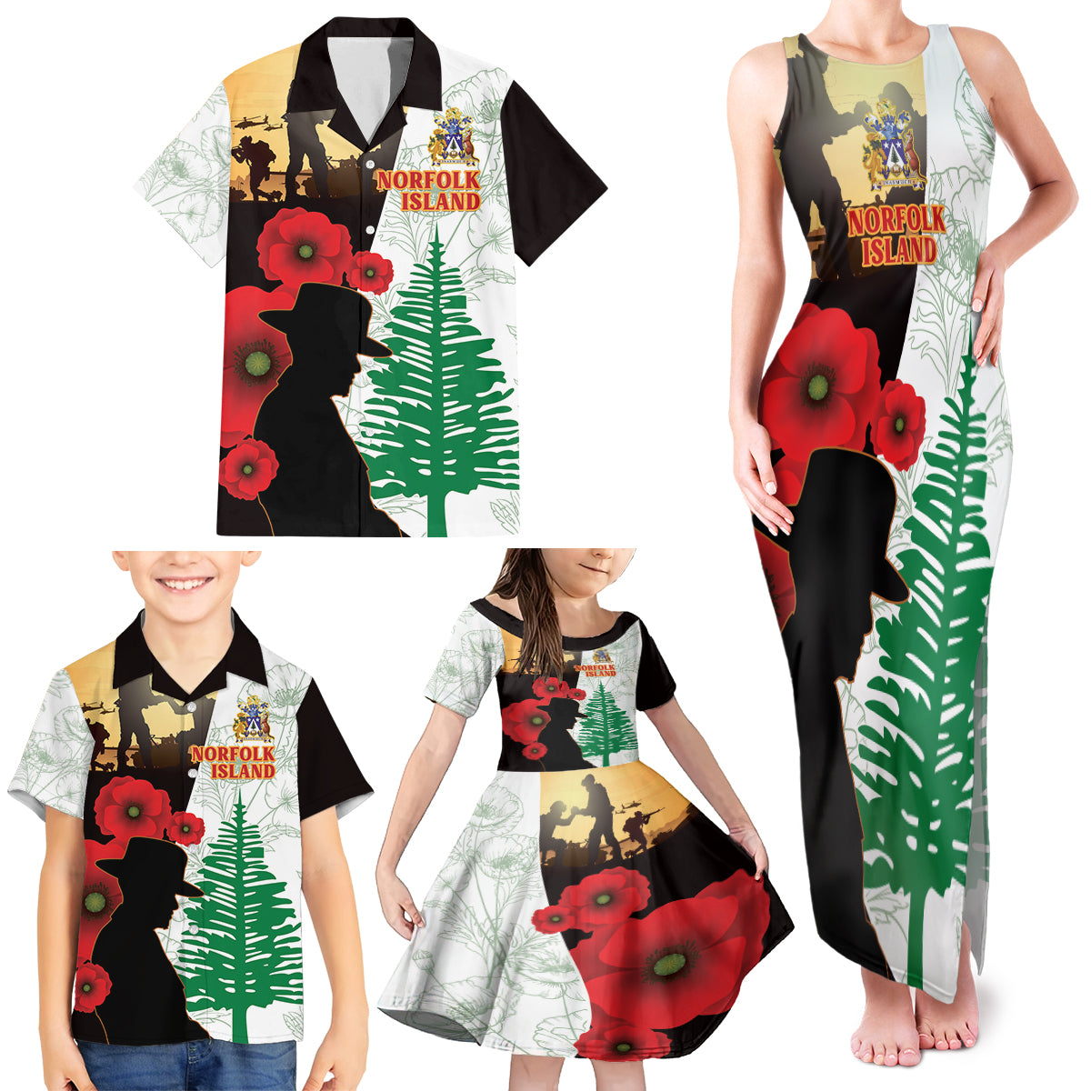 Norfolk Island ANZAC Day Family Matching Tank Maxi Dress and Hawaiian Shirt Pine Tree With Poppies Lest We Forget LT14 - Polynesian Pride