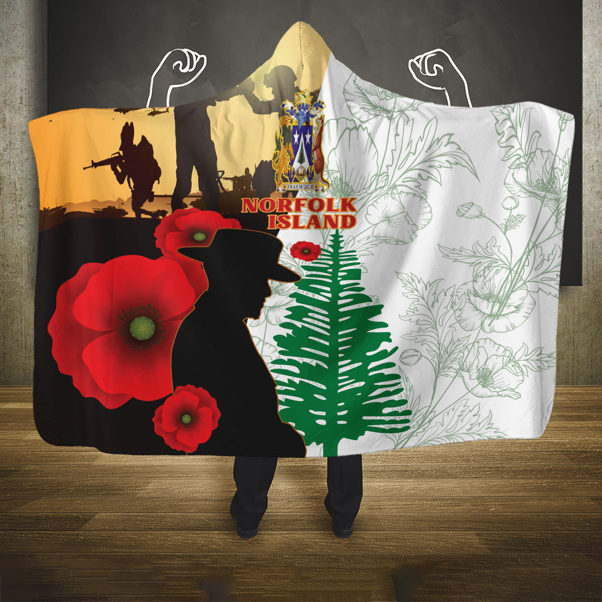 Norfolk Island ANZAC Day Hooded Blanket Pine Tree With Poppies Lest We Forget LT14 One Size White - Polynesian Pride