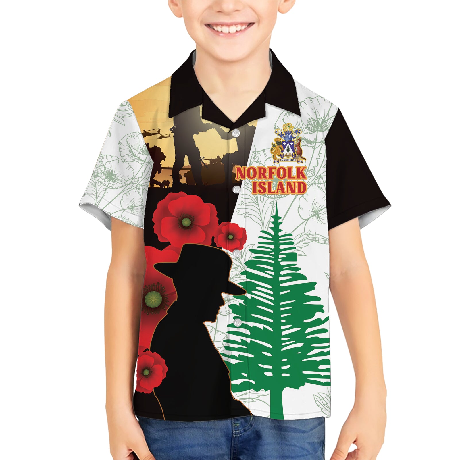 Norfolk Island ANZAC Day Kid Hawaiian Shirt Pine Tree With Poppies Lest We Forget LT14 Kid White - Polynesian Pride