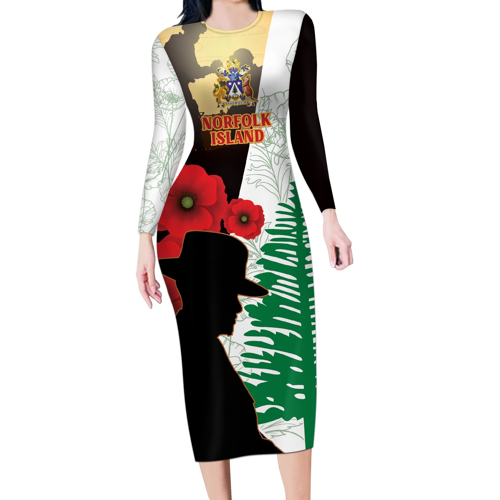 Norfolk Island ANZAC Day Long Sleeve Bodycon Dress Pine Tree With Poppies Lest We Forget LT14 Long Dress White - Polynesian Pride