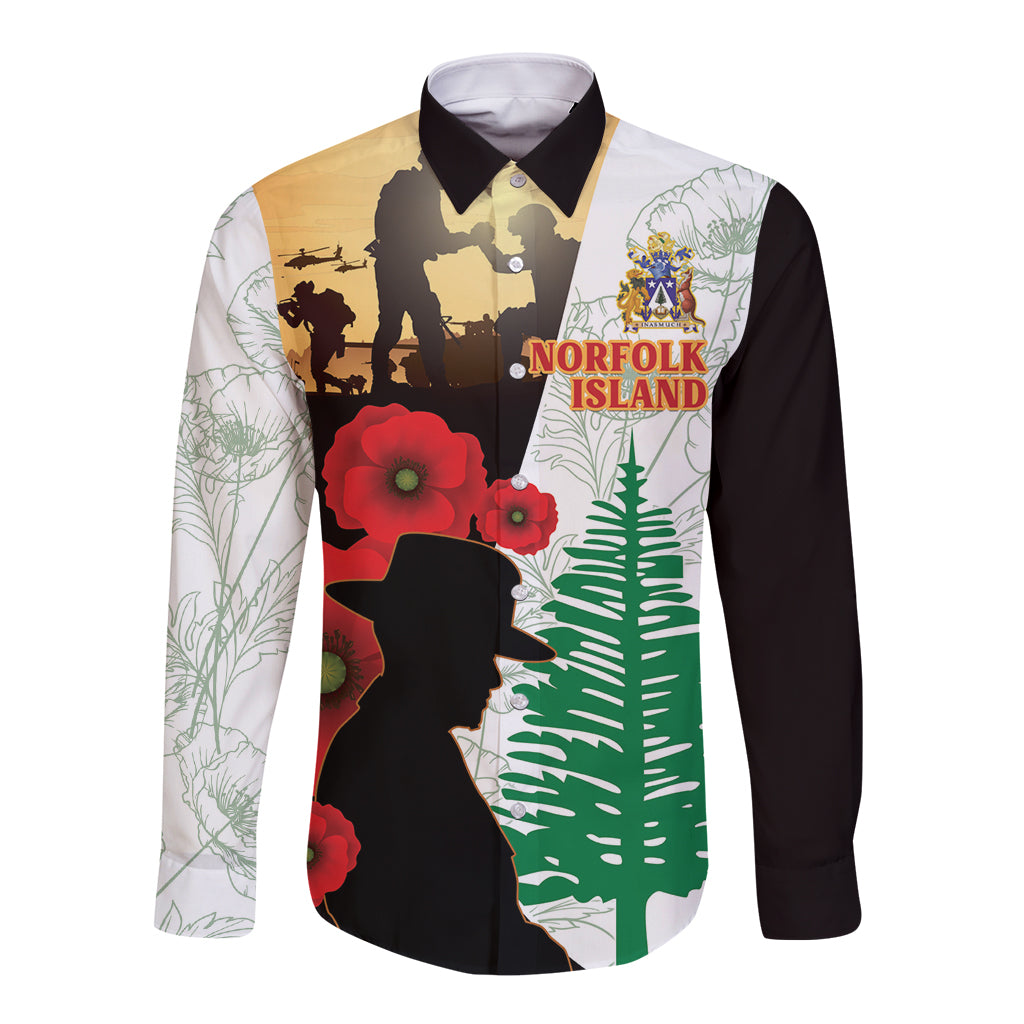 Norfolk Island ANZAC Day Long Sleeve Button Shirt Pine Tree With Poppies Lest We Forget LT14 Unisex White - Polynesian Pride