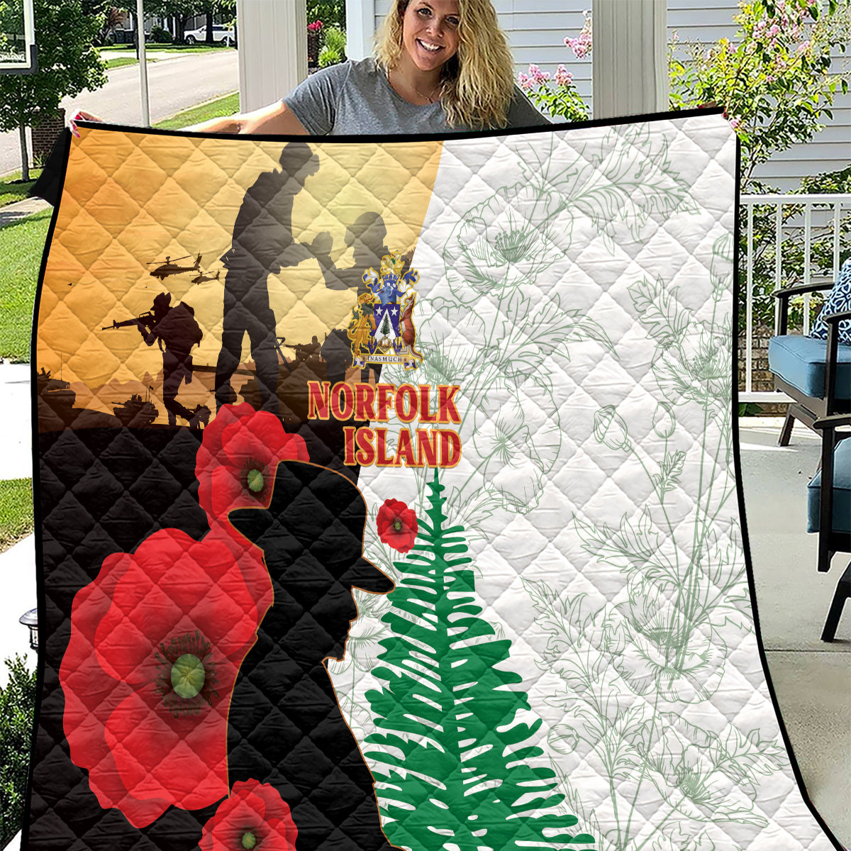 Norfolk Island ANZAC Day Quilt Pine Tree With Poppies Lest We Forget LT14 White - Polynesian Pride