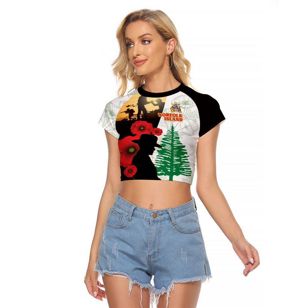 Norfolk Island ANZAC Day Raglan Cropped T Shirt Pine Tree With Poppies Lest We Forget LT14 Female White - Polynesian Pride