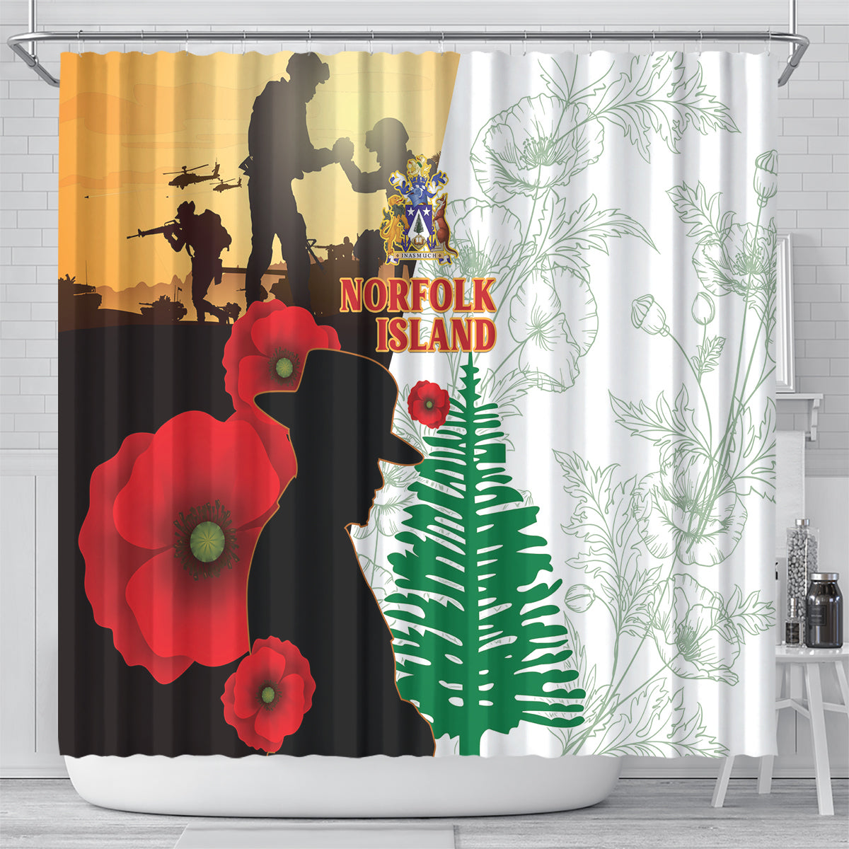 Norfolk Island ANZAC Day Shower Curtain Pine Tree With Poppies Lest We Forget LT14 - Polynesian Pride